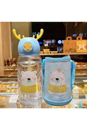 Sarı Kulaklı Kutup Ayısı Baskılı Şirin Mavi Suluk Matara Pipetli