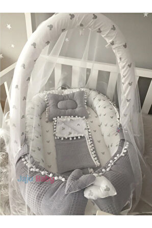 Nest Gri Wafle Kumaş Tasarım Ponponlu Jaju-babynest Anne Yanı Bebek Yatağı Aparatlı Set