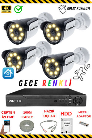 SNRELK  HAMA 5 mp Lens 4 Kamera 320gb 1080p Gece RENKLİ Su Geçirmez Güvenlik kamerası set