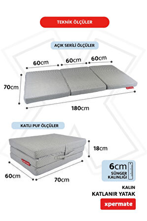 Xpermate Katlanır Yatak Yer Yatağı  Katlanır Sünger Yatak Misafir Yatağı 70X180X6 Gri Puantiyeli 