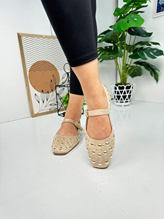 Günlük Kadın Babet Troklu Tek Bant Altın Tokalı Süet Rahat Tırtıklı Taban Alçak Topuklu Ayakkabı 349