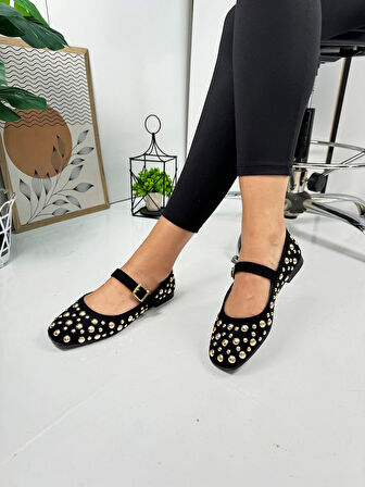 Günlük Kadın Babet Troklu Tek Bant Altın Tokalı Süet Rahat Tırtıklı Taban Alçak Topuklu Ayakkabı 349