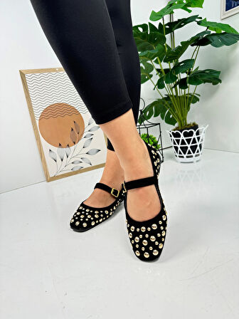 Günlük Kadın Babet Troklu Tek Bant Altın Tokalı Süet Rahat Tırtıklı Taban Alçak Topuklu Ayakkabı 349