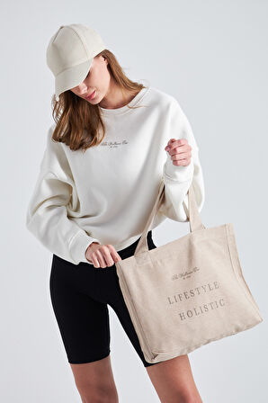 The Wellness Era Kahverenk Baskılı Oversize Beyaz Kadın Sweatshirt