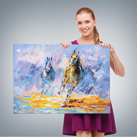 Koşan Atlar Yağlıboya Görünüm Dekoratif Kanvas Duvar Tablosu-3490