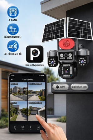 Sim-840 Çift Güneş Panelli 4G Sim Kartlı Kablosuz 4 Lensli Dış Mekan Güvenlik Kamerası 16MP PTZ 512GB Destekli Sirenli
