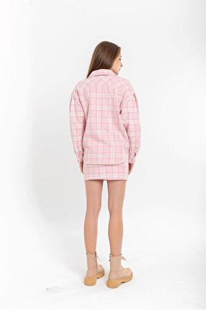 Oduncu Kumaş Mini Boy Dar Kalıp Çizgili Kadın Etek-Pembe