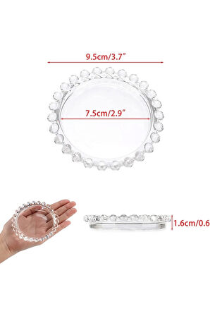 1 ADET 7,5 cm Şeffaf İnci Boncuk Cam Sunumluk Mumluk Tabağı , Bardak Altlığı Mum Tepsi Masa Düğün İç