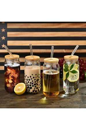 4 Adet Bambu Kapaklı Cam Bardak Buzlu Kahve Smoothie Kokteyl Bardağı 4 Cam Pipet Ve 2 Temizleme Fırç