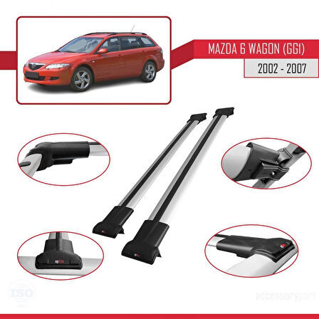 Mazda 6 I (GG1) 2002-2007 Arası ile Uyumlu FLY Model Ara Atkı Tavan Barı Gri 2 Adet