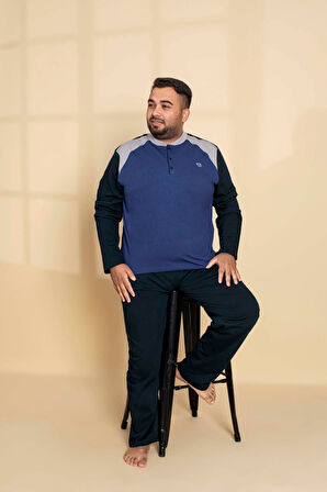 Erkek Büyük Battal Beden Desenli 3 Düğmeli %100 Pamuk Mevsimlik Uzun Kollu Cepli Pijama Takımı