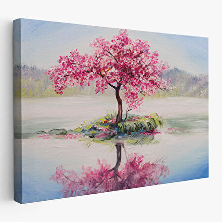 Gölde Sakura Ağacı Yağlıboya Görünüm Kanvas Duvar Tablosu-3494