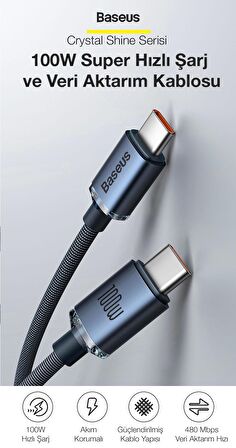 Baseus Super Şarj 1.2MT 100W Type-C to Type-C Şarj Data Kablosu Macbook Notebook Laptop Şarj Kablosu