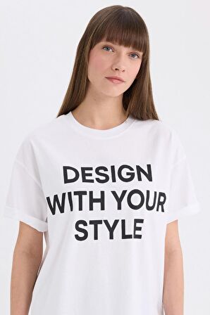 DeFacto Oversize Geniş Kalıp Bisiklet Yaka Baskılı Casual Kısa Kollu Tişört E5059AX25SPWT34