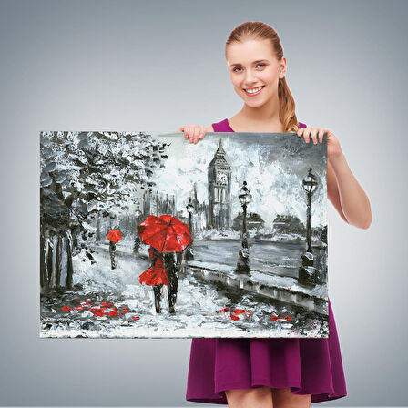 Londra Sokakları Yağlıboya Görünüm Dekoratif Kanvas Duvar Tablosu-3497