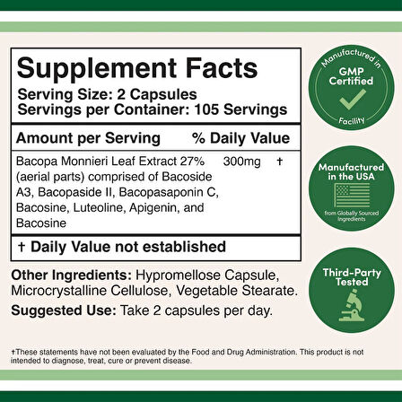 Bacomind Bacopa Extract Supplement 300mg 210 Kapsül Bacopa Monnieri Extract