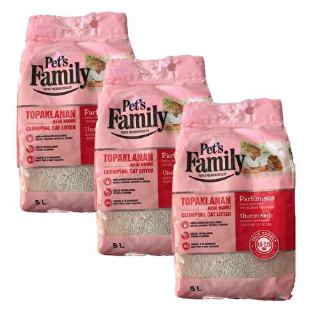 Pets Family Topaklanan Kedi Kumu Parfümsüz İnce 5 L x 3 Adet (15 kg)