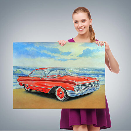 Kızmızı Retro Araba Yağlıboya Görünüm Dekoratif Kanvas Duvar Tablosu-3499