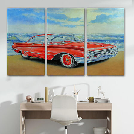 Kızmızı Retro Araba Yağlıboya Görünüm Dekoratif Kanvas Duvar Tablosu-3499