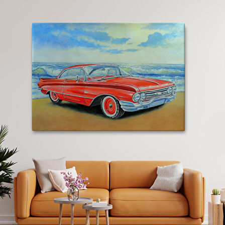 Kızmızı Retro Araba Yağlıboya Görünüm Dekoratif Kanvas Duvar Tablosu-3499