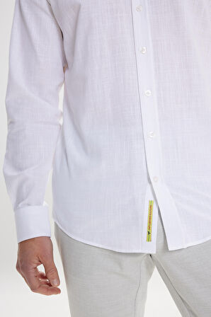 Comfort Fit Rahat Kesim Gizli Düğme Yaka %100 Pamuk Flamlı Gömlek