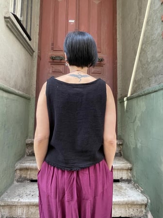 Bohem Müslin Kolsuz Crop Bluz, Bol Kesim Bluz, Salaş Bluz, Rahat Bluz, Crop Bluz