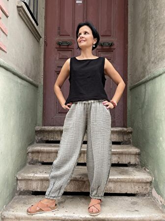 Bohem Müslin Taşlanmış Haki Kadın Pantolon, Salaş Pantolon, Rahat Pantolon, Yoga Pantolon,