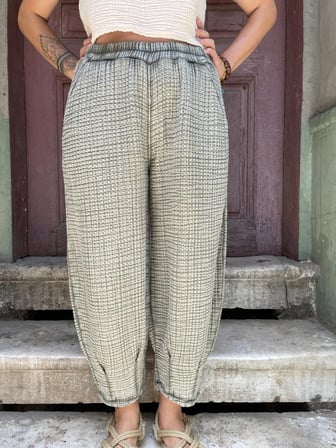 Bohem Müslin Taşlanmış Haki Kadın Pantolon, Salaş Pantolon, Rahat Pantolon, Yoga Pantolon,