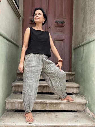 Bohem Müslin Taşlanmış Haki Kadın Pantolon, Salaş Pantolon, Rahat Pantolon, Yoga Pantolon,