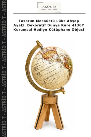 Tasarım Masaüstü Lüks Ahşap Ayaklı Dekoratif Dünya Küre 4136Y Kurumsal Hediye Kütüphane Objesi
