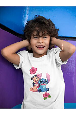 Stitch Ve Lola Baskılı Unisex Çizgi Film Çocuk Tişört (1-12 YAŞ)