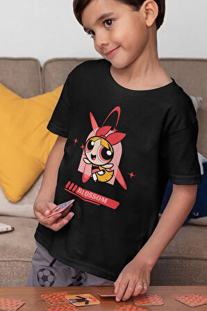 Blossom Baskılı Unisex Power Puff Girls Çizgi Film Çocuk Tişört (1-12 YAŞ)