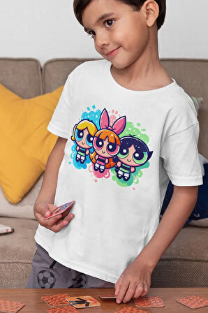 Power Puff Girls Baskılı Unisex Çizgi Film Çocuk Tişört (1-12 YAŞ)