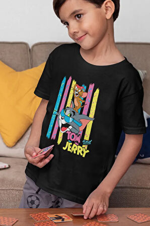 Tasarım Tom Ve Jerry Baskılı Unisex Çizgi Film Çocuk Tişört (1-12 YAŞ)