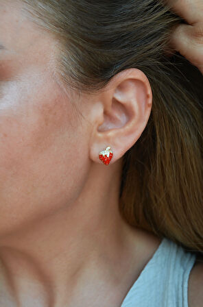 Zirkon Taşlı Kırmızı Çilek Küpe