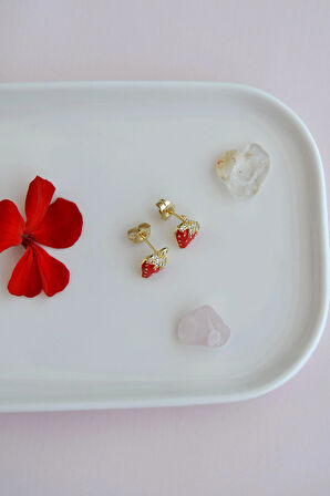 Zirkon Taşlı Kırmızı Çilek Küpe