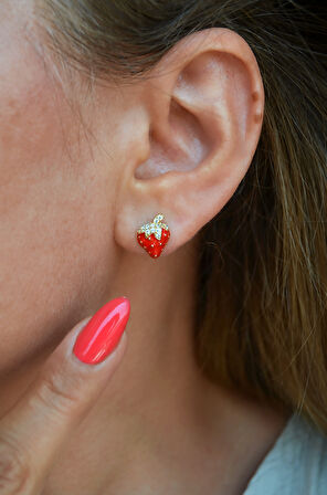 Zirkon Taşlı Kırmızı Çilek Küpe