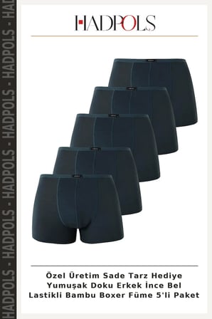 Özel Üretim Sade Tarz Hediye Yumuşak Doku Erkek İnce Bel Lastikli Bambu Boxer Füme 5'li Paket