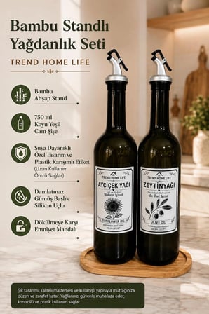 Ahşap Stantlı Amber 2’li 750 Ml Zeytinyağı Şişesi Ayçiçek yağı şişesi yağlık yağdanlık