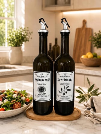 Ahşap Stantlı Amber 2’li 750 Ml Zeytinyağı Şişesi Ayçiçek yağı şişesi yağlık yağdanlık