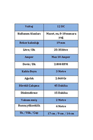 Düzey 12 Volt 3/4'' Mazot Aktarma(SIVI TRANSFER) Pompası(SU,SÜT,YAĞ) & 5 Metre Hortumlu Set Bahçe P
