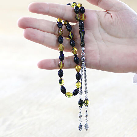 925 Ayar Gümüş Çift Püsküllü Arpa Kesim Sarı-Siyah Ateş Kehribar Tesbih