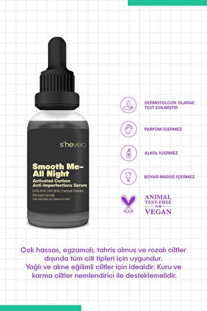 SMOOTH ME-ALL NIGHT -Aktif Kömür ve AHA BHA İçeren Cilt Kusurları Karşıtı Niacinamide %5 Serum 30ml