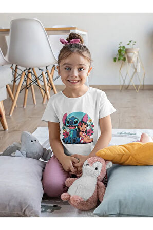 Stitch Ve Lilo Baskılı Unisex Çizgi Film Çocuk Tişört (1-12 Yaş)