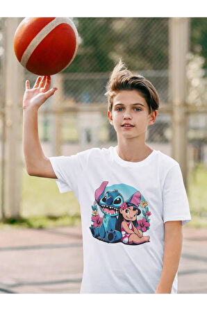 Stitch Ve Lilo Baskılı Unisex Çizgi Film Çocuk Tişört (1-12 Yaş)