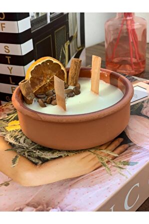 Dekoratif Portakal Tarçın Süslemeli Kokulu Çift Ahşap Fitilli Soya Mum