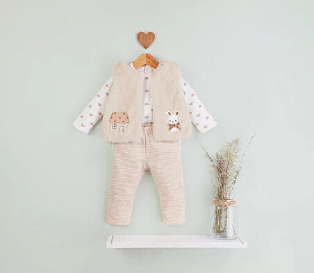Kız Bebek Peluş Yelekli 3 lü Takım