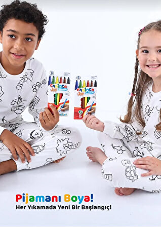 Uzun Kollu Yıkanabilir Boyanabilir Çocuk Pijama Takımı - Boyama Kalemi Hediyeli