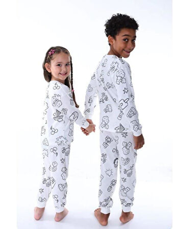 Uzun Kollu Yıkanabilir Boyanabilir Çocuk Pijama Takımı - Boyama Kalemi Hediyeli