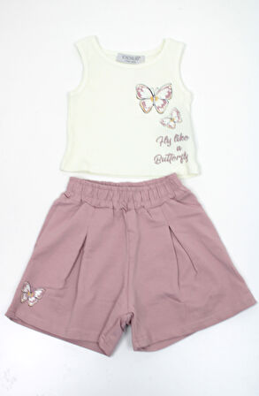 Kız Çocuk Kelebek Baskılı Crop Şortlu Takım